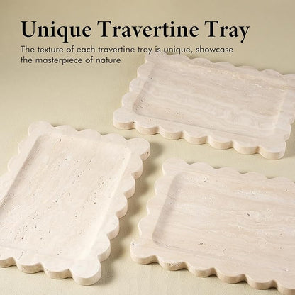 Koville Romano Travertine Vanity Tray, 11"x8" Natural Marble Decorative Scalloped Tray for Jewelry Cosmetics Perfume Trinket, Stone Organizer Tray for Countertop Bathroom Kitchen Dresser(Beige)