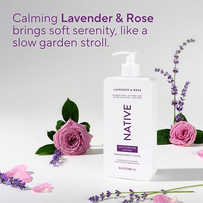 Native Body Lotion Contains Naturally Derived Plant-Based Moisturizers for Women and Men | Restores Dry Skin, Lavender & Rose, 16.5 fl oz