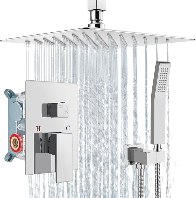 Aolemi Ceiling Mount Shower System Rain Shower Head with Handheld Spray High Pressure Shower Faucet Set Rough-in Valve Shower Trim Kit Included Bathroom Polish Chrome 10 Inch Ceiling Shower Head