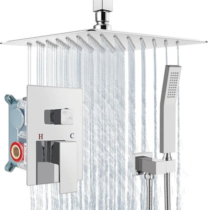 Aolemi Ceiling Mount Shower System Rain Shower Head with Handheld Spray High Pressure Shower Faucet Set Rough-in Valve Shower Trim Kit Included Bathroom Polish Chrome 10 Inch Ceiling Shower Head