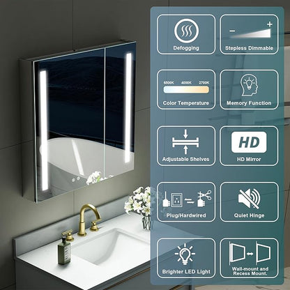 WELLFOR 30" X 30" LED Medicine Cabinet with Mirror, Double Opening Door, Recessed or Surface Cabinet Mirror, Bathroom Mirror Cabinet, Medicine Cabinet with Lights with Outlets & USB Ports