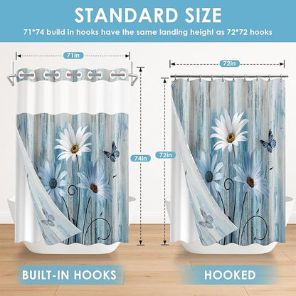 No Hook Blue Daisy Shower Curtain with Snap in Fabric Liner Set, Wooden Boards Double Layers Waterproof Fabric with See Through Top Window Open Grommet Bath Curtain 71x74 Inch