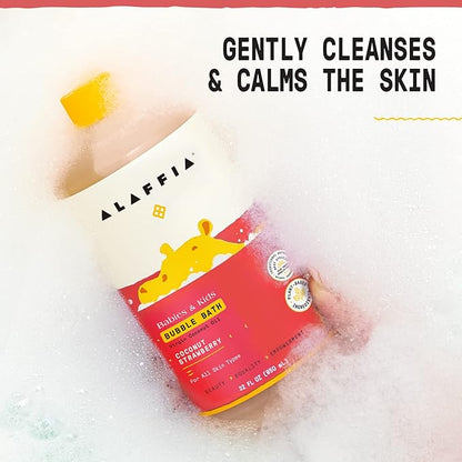 Alaffia Babies & Kids Bubble Bath, Coconut Strawberry, Pump Included – Gentle Cleanser with Raw Shea Butter and Hibiscus, 32 Fl Oz
