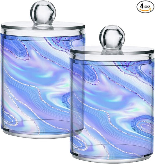 MNSRUU 4 Pack Qtip Holder Organizer Dispenser Liquid Shiny Blue Bathroom Containers Bathroom Vanity Storage Canister Apothecary Jars for Cotton Swabs/Pads/Floss