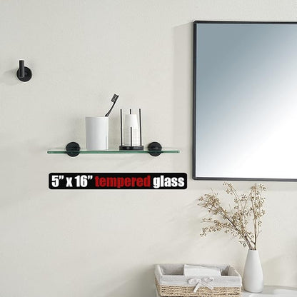 JQK Bathroom Glass Shelf Black, Tempered Glass Shower Storage 16 by 5 inches, 304 Stainless Steel Matte Black Wall Mount, TGS101L16-PB
