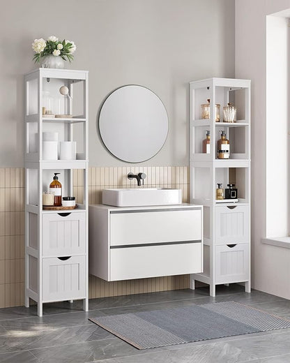 VASAGLE Storage Cabinet, Storage Organizer Rack Stand for Bathroom, Living Room, Bedroom, Multifunctional Corner Unit, 2 Drawers, 55.7 Inches in Height, White UBBC66WT