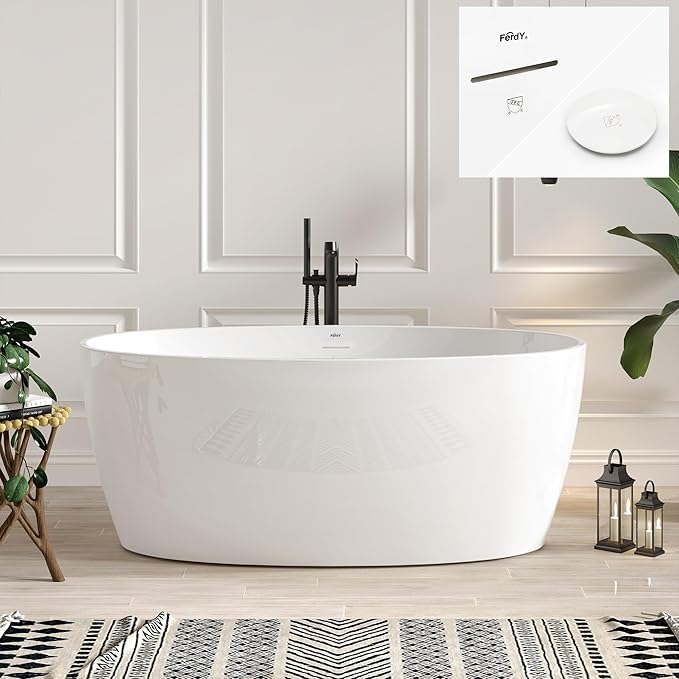 FerdY Tahiti 59" Acrylic Freestanding Bathtub, Elegant Oval Shape Bathtub, Glossy White, Polished White Drain & Integrated Slotted Overflow Assembly Included cUPC Certified