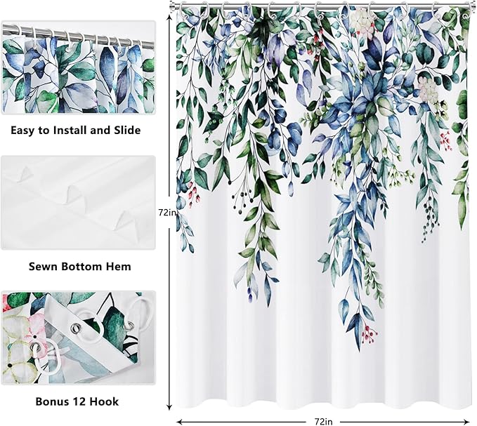 Shower Curtain,Blue Eucalyptus Shower Curtains for Bathroom,Watercolor Green Leaf Shower Curtain Sets Waterproof Plant Shower Curtain Blue Fabric Cloth Bathroom Curtains Green72x72 inch with Hooks