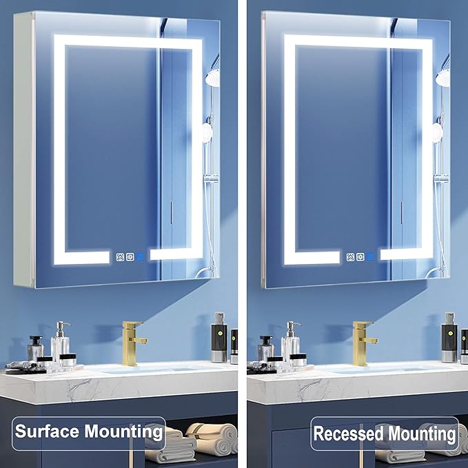 GroGro LED Lighted Bathroom Medicine Cabinet with Mirror,24" W x 30" H Medicine Cabinet with Lights,Surface or Recessed Mounting,Defog,Dimming,3-Color Temperature Adjustment
