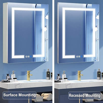 GroGro LED Lighted Bathroom Medicine Cabinet with Mirror,24" W x 30" H Medicine Cabinet with Lights,Surface or Recessed Mounting,Defog,Dimming,3-Color Temperature Adjustment