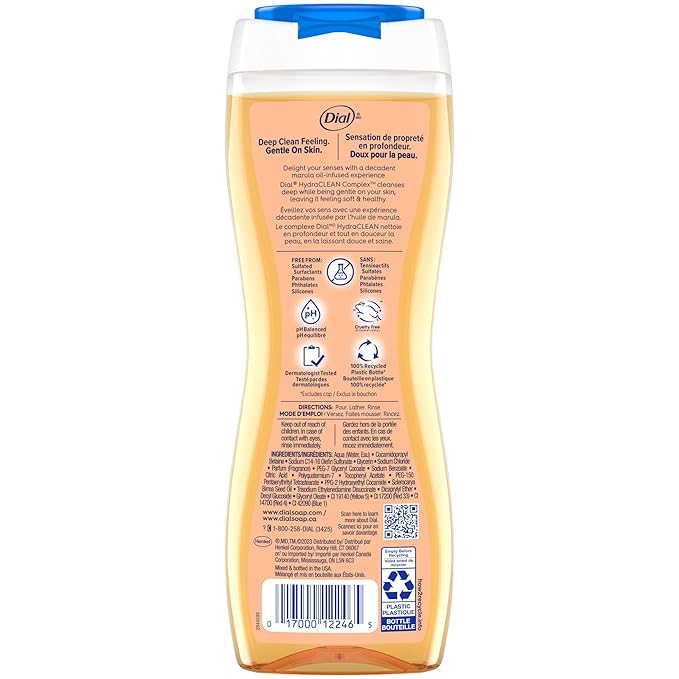 Dial Body Wash, Pamper & Indulge Marula Oil, 16 Fl Oz (Pack of 4), Hydraclean Complex & Vitamin E, Gentle, Leaves Skin Feeling Nourished, Dermatologist-Tested, No Parabens & Sulfates