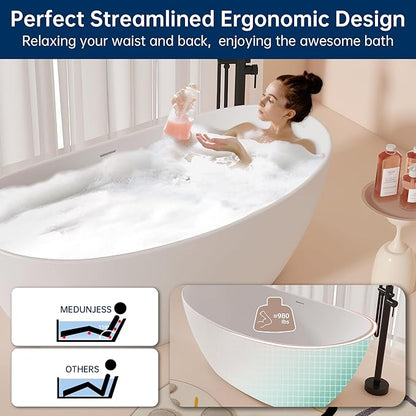 65'' Freestanding Solid Surface Resin Stone Bathtub, Freestanding Tub, Contemporary Design Stand Alone Tub with Pop-up Drain and Overflow, cUPC Certified, Matte White (Oval)…