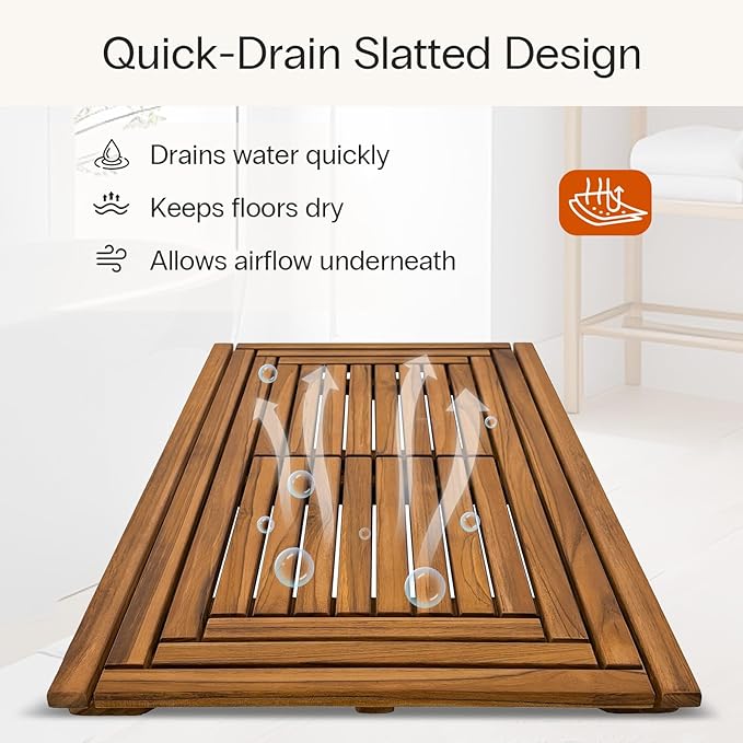 StrongTek Large Teak Bath Mat, 35.4" x 20" Solid Wood Shower Mat with Slatted Design, Pre-Oiled & Water-Resistant, Non-Slip Mat for Bathroom, Spa, and Outdoor Use