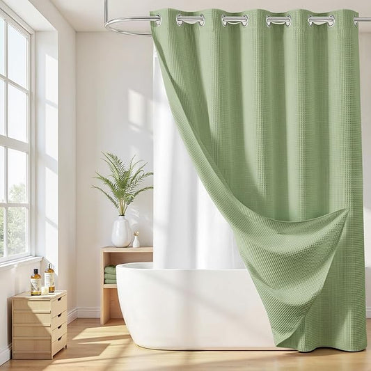 River Dream Sage Green Cotton Blend Shower Curtain with Snap in Liner, No Hook Shower Curtains for Bathroom, Hotel Grade, Water Repellent, 71" W x74 L