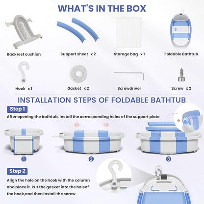 Collapsible Baby Bathtub, Baby Tubs for Newborns with Soft Cushion & Thermometer & Toy Organizer Mesh Bag, Infant Bathtub to Toddler 0-36 Months, Portable Travel Newborn Baby Bathtubs (Blue)