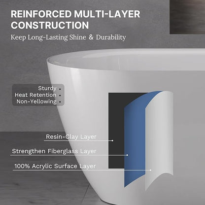 67" Acrylic Freestanding Soaking Bathtub, Modern Oval Acrylic Bath Tub with Pop-up Drain & Integrated Overflow for Soaking and Bathing, cUPC Certified, Glossy White Finish