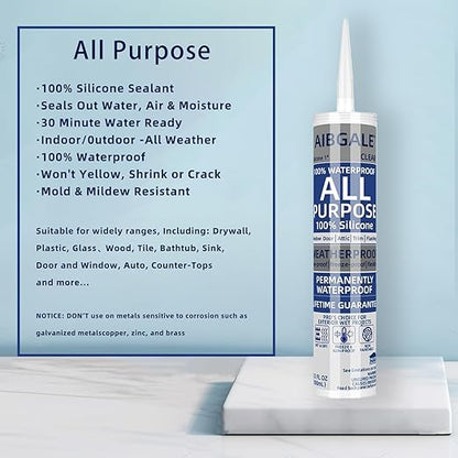 4 Pack of Clear Silicone Sealant, All-Purpose 100% Waterproof Silicone Caulk - 10.1 oz Cartridge, Adhesive Caulking Tool for Indoor & Outdoor Windows, Aquarium, Bathroom Auto Leak Seal (4)