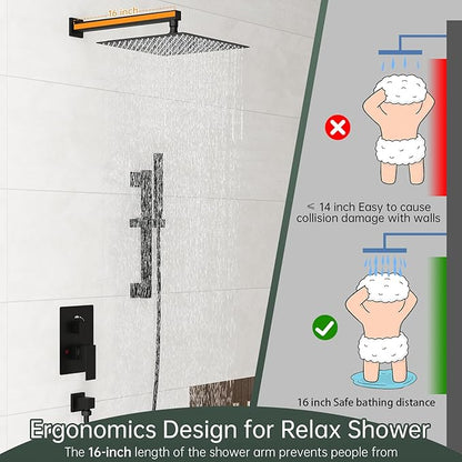 Hoimpro 12 Inch Matte Black Shower System with Adjustable Slide Bar, Square Rain Shower Head and Wand Wall Mounted, Rainfall Shower Faucet Fixture Combo Set, 2 in 1 Handheld Showerhead for Bathroom