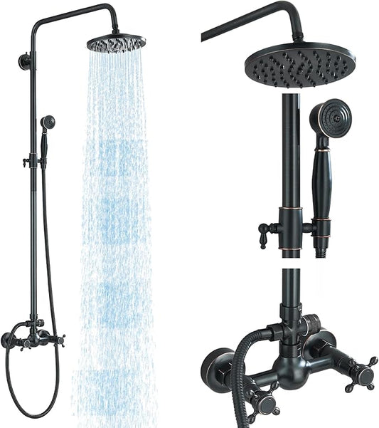 Rain Shower System Oil Rubbed Bronze Outdoor Shower Faucet Set with 8 Inch Rainfall Shower Head Handheld Spray 2 Cross Handles Wall Mounted Bathroom Shower Fixtures Solid Brass