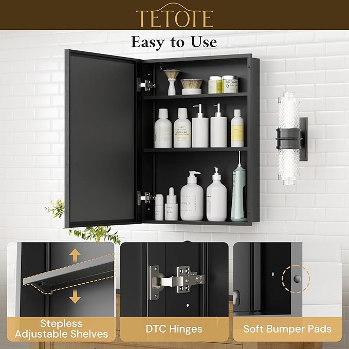 TETOTE Medicine Cabinet Mirror 24" x 30" Black Bathroom Mirrored Cabinets with Stepless Adjustable Shelves Beveled Aluminum Frame, Wall-Mounted or Recessed