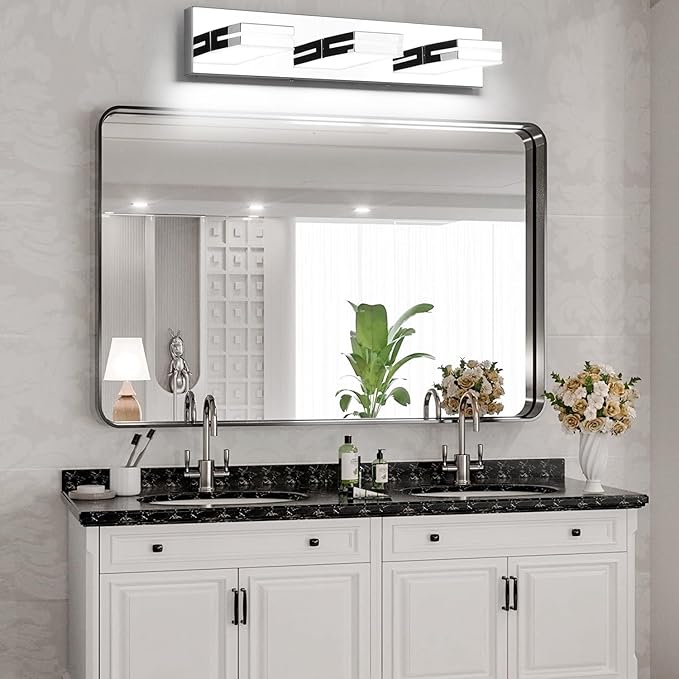 SineRise LED Modern Bathroom Vanity Light Fixtures (3-Light, 24-Inch, Dimmable), Chrome Modern Acrylic Bathroom Wall Lighting Fixtures Over Mirror (Cool White 6000K)