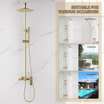 Exposed Shower System with Rain Shower and Handheld Sprayer, Outdoor Shower Fixture with Tub Spout, Rainfall Showerhead Faucet Combo Set for Bathroom Height Adjustable Shower Mixer Brushed Gold