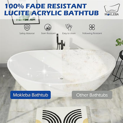 67" Lucite Acrylic Freestanding Bathtub, Double Slipper Shape Contemporary Soaking Tub with Toe-tap Chrome Drain, Slotted Overflow, cUPC Certified, Glossy White