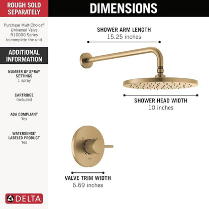 Delta Modern 14 Series Round Rain Shower Faucet Set, Brushed Gold Shower Head and Handle Set, Valve Trim Kit, Champagne Bronze T14269-CZ-PP (Valve Not Included)