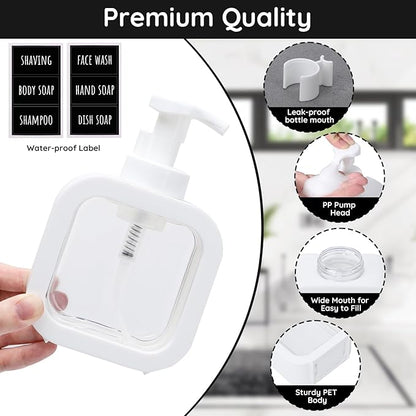 Segbeauty 10.1oz Foam Dish Soap Dispenser for Kitchen Sink, 300ml Square Foaming Pump Bottles for Bathroom Shower Shampoo, 2pcs White Empty Plastic Foam Hand Wash Dispenser Bottles with Label Stickers