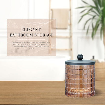 Amber Colored Tranlucent Apothecary Etched Geometric Grid Glass Jar W/Matte Black Metal Lid for Bathroom Organization, Cotton Balls, Q Tips, and Small Accessories, Bathroom Storage