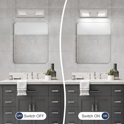 SineRise LED Modern Bathroom Vanity Light Fixtures (2-Light, 15.5-Inch), Brushed Nickel Modern Acrylic Bathroom Wall Lighting Fixtures Over Mirror (Cool White 6000K)