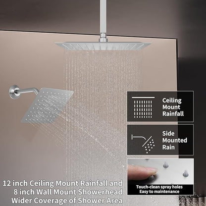 Thermostatic Shower System Brushed Nickel Shower Faucet Set, Four Modes Shower Faucet with 4 PCS Body Jet, Handheld Spray, Ceiling Mount 12 inch Shower Head with 8 inch Wall Mount Shower Head
