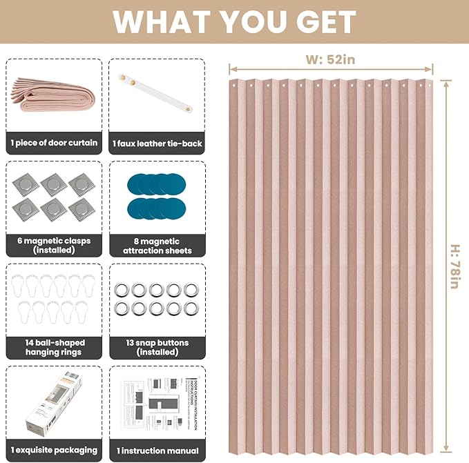 Accordian Door Curtain, 100% Blackout Folding Magnetic Doorway Curtains,Linen Style Closet Doors,for Room Divider,Privacy Protection（W52 x L78,Pink,1 Panel）