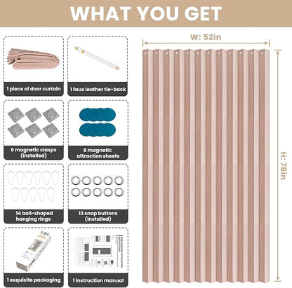 Accordian Door Curtain, 100% Blackout Folding Magnetic Doorway Curtains,Linen Style Closet Doors,for Room Divider,Privacy Protection（W52 x L78,Pink,1 Panel）