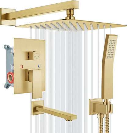 gotonovo Shower System with Tub Spout Wall Mounted Rain Shower Head and Handle Combo Shower Faucet Set with Valve, 12 Inch, Brushed Gold