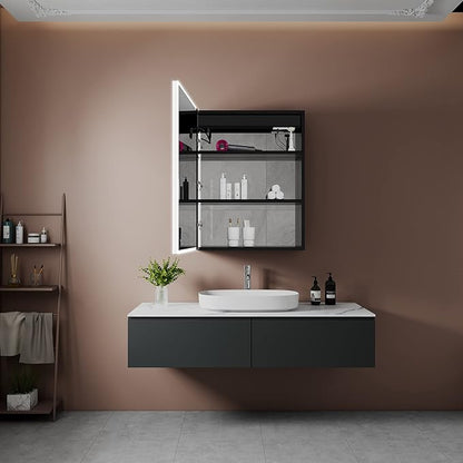 Black Medicine Cabinets for Bathroom with Mirror, 24”W x 30”H Surface Wall Mounted LED Medicine Cabinet with Lights, Defogger, Dimmer, Outlets & USB, Left Hinge