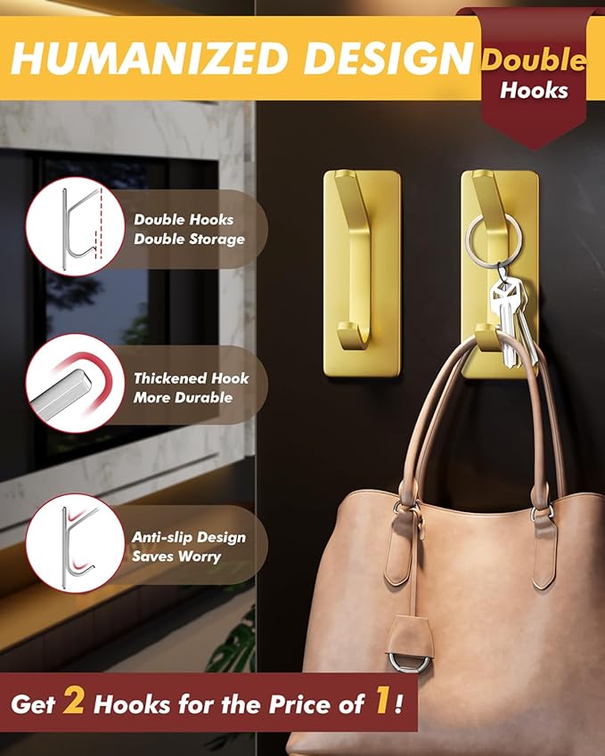 Auxmir 5 Pack Self Adhesive Hooks for Hanging 15lb, Wreath Hanger for Front Door, Stainless Steel Towel Hooks for Wall, Waterproof Rustproof Adehesive Coat Hooks for Bathroom Kitchen Office RV, Gold