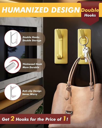 Auxmir 5 Pack Self Adhesive Hooks for Hanging 15lb, Wreath Hanger for Front Door, Stainless Steel Towel Hooks for Wall, Waterproof Rustproof Adehesive Coat Hooks for Bathroom Kitchen Office RV, Gold