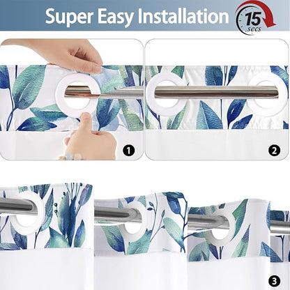 No Hook Shower Curtain and Liner Set, Blue Eucalyptus Floral Shower Curtains for Bathroom, Bath Curtain Sets with Snap in Liner, Waterproof with See Through Top Window, 71x74 Inches