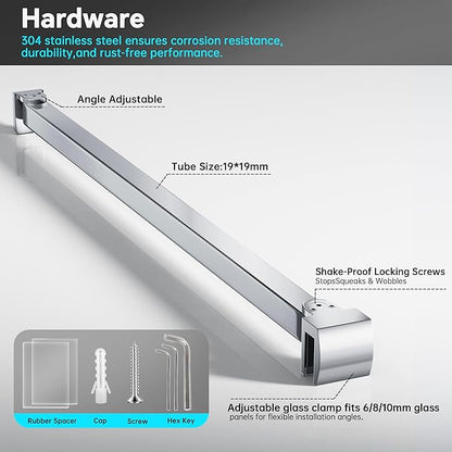 Frameless Shower Door Support Bar, Stainless Steel Wall-to-Glass Support Arm to Fixed Shower Glass Panel, for 1/4"-3/8" (6-10 mm) Door, 180° Pivot & Stow-Flat Mode (Chrome, 19.7-inch(500mm))