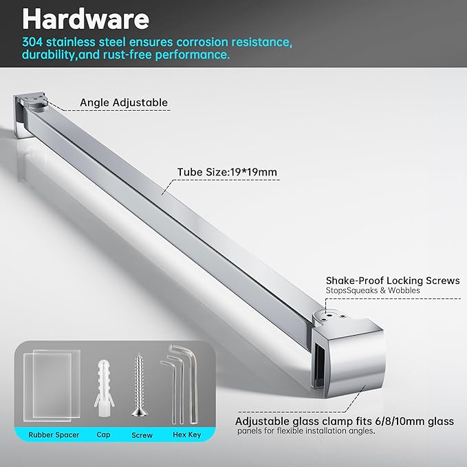 Frameless Shower Door Support Bar, Stainless Steel Wall-to-Glass Support Arm to Fixed Shower Glass Panel, for 1/4"-3/8" (6-10 mm) Door, 180° Pivot & Stow-Flat Mode (Chrome, 27.6-inch(700mm))