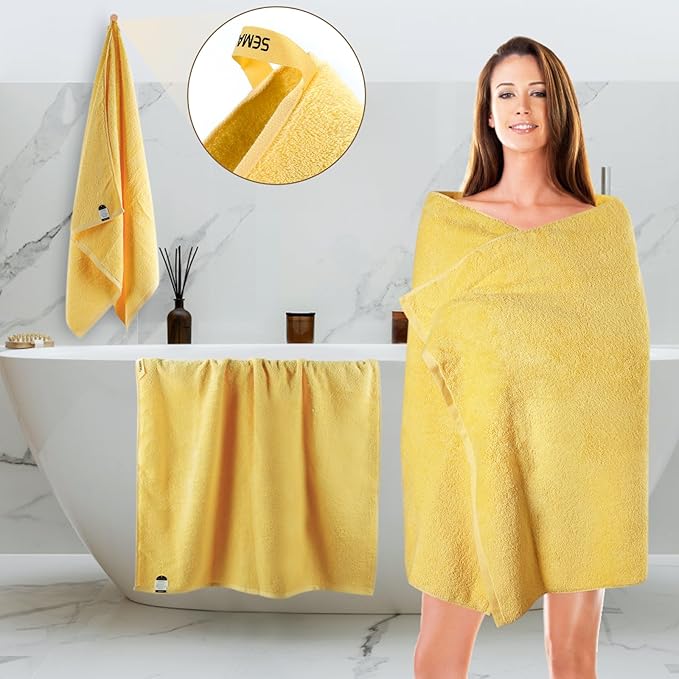 SEMAXE Yellow Bath Towel, 100% Cotton Towel with Hanging Loop, Hotel & Spa Quality Soft Absorbent Towel for Bathroom, Gift Box Packaging, 1 Pc Bath Towel, 55" L x 27" W