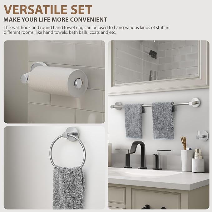 Brushed Nickel Bathroom Hardware Set 4 Piece Towel bar Set,Towel Rack for Bathroom Wall Mounted Adjustable Expandable 24 inch Towel Holder Robe Hook Towel Ring Toilet Paper Holder