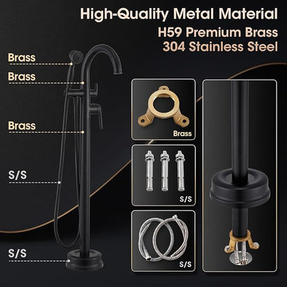 Freestanding Bathtub Faucet Matte Black Floor Mount Tub Faucets High Flow Max 6.6GPM/60PSI Vintage Hand Shower&Swivel Spout