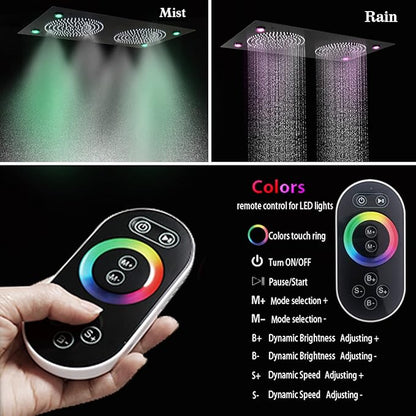 Smart Matte Black Rain LED Ceiling Shower Head With Handheld Spray, 12.5X24.5 Inch Super Large Rectangle Thermostatic Rainfall Shower System Fixtures Set And Body Jets For Double Bath