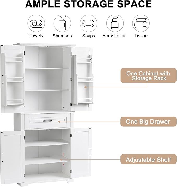 Favfurish 72" Tall Bathroom Storage Cabinet with Doors and Drawer,Modern Linen Cabinets w/Adjustable Shelves & Door Storage Rack,Freestanding Organizer for Bath Room,Study,Office,Kitchen White