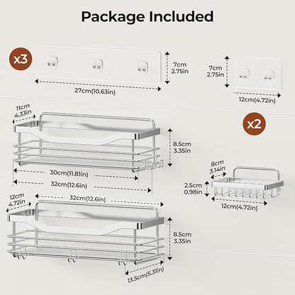 Orimade Shower Caddy Basket Soap Dish Holder Shelf with 5 Hooks Bathroom Organizer Shelf Kitchen Storage Rack Wall Mounted Adhesive No Drilling Rustproof SUS304 Stainless Steel - 3 Pack