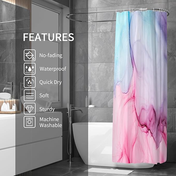 Gibelle Abstract Shower Curtain, Pink Purple Blue Marble Shower Curtain for Bathroom, Modern Ink Art Decor Waterproof Fabric Shower Curtain Set with Hooks, 71x71
