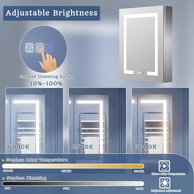 ExBrite Lighted Medicine Cabinet with Mirror, 20 x 26 Inch, Recessed or Surface led Medicine Cabinet, Defog, Stepless Dimming,Color Temperature Change,2 Outlets,Built-in 6000K Sensor Light,Right Hinge