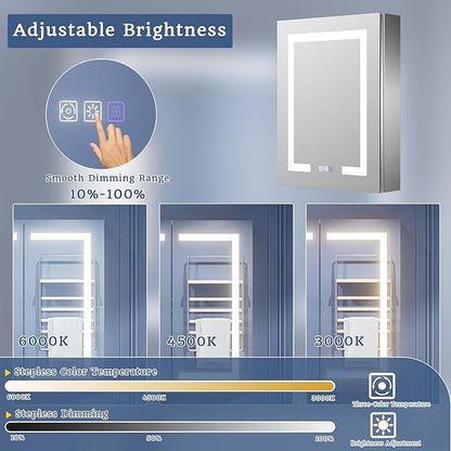 ExBrite LED Lighted Bathroom Medicine Cabinet with Mirror, 24 x 30 Inch, Recessed or Surface Mount, Anti-Fog, Stepless Dimming, Color Temperature Adjustment, 2 Outlets, Storage Shelves, Left Hinge